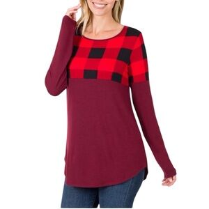 ZENANA Burgundy Plaid Color Block Long Sleeve Top Buffalo Check Women’s 1X Plus